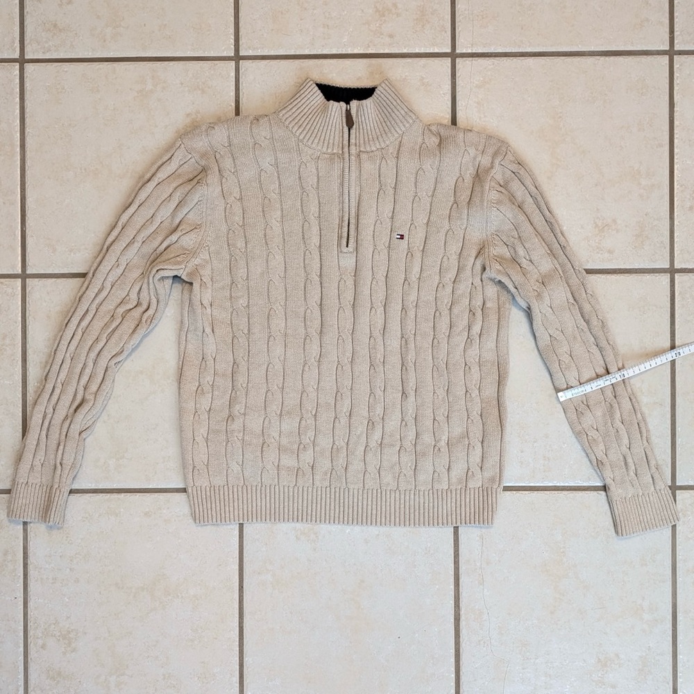 Size L Tommy Hilfiger 100% Cotton Y2K Vintage Cream Chunky Knit Quarter Zip - Picture 13 of 15